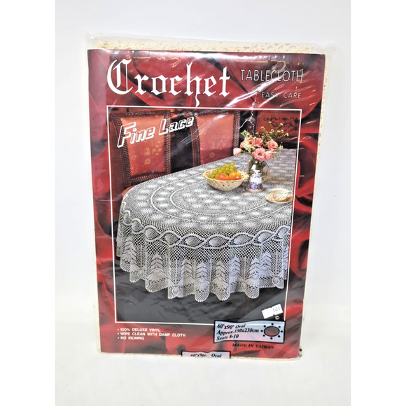 Vintage Crochet Tablecloth Vinyl Fine Lace Ivory Oval 60"x90" Classic Holiday - Picture 1 of 1